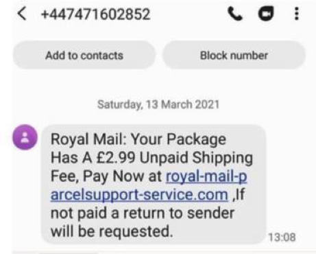 Undelivered Parcel Scams message